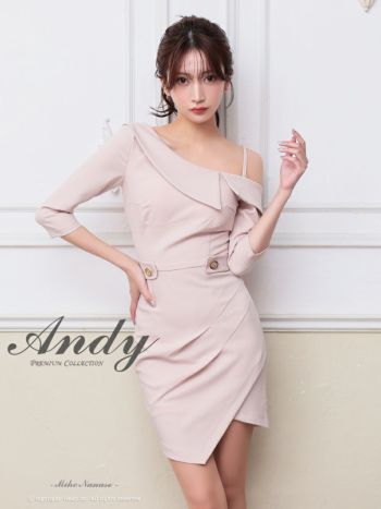 キャバドレス Andy セクシー ワンショルダー 袖あり 襟 ワンカラー ウエストベルト ラップスカート タック タイトミニドレス