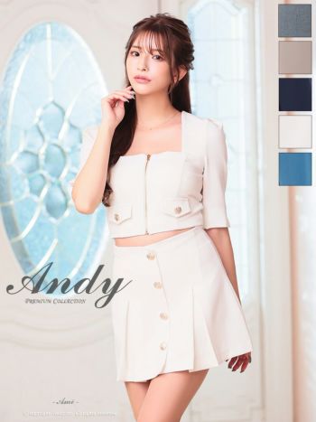 キャバドレス フレアミニドレス Andy アンディ スクエアネック 袖あり セットアップ ジップデザイン 飾りボタン 飾りポケット