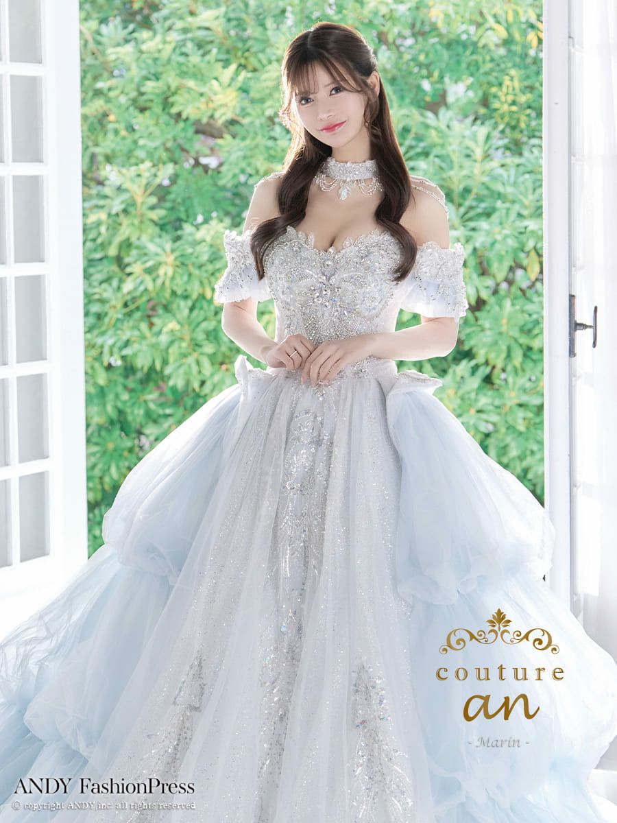 キャバドレス couture an ガーリー オフショルダー チョーカービーズ スパンコール ビジュー バースデー フリル ロングトレーン Aラインロングドレス