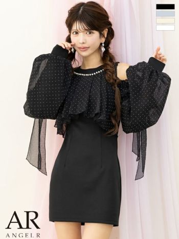 キャバドレス Angel R エンジェルアール 長袖 ガーリー パフスリーブ ドット柄 肩あき リボン タイトミニドレス