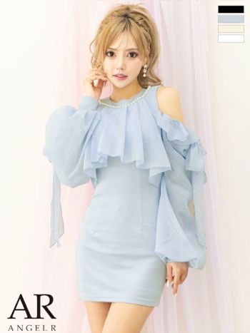 キャバドレス Angel R エンジェルアール 肩あき 長袖 ドット柄 リボン ガーリー パフスリーブ タイトミニドレス 