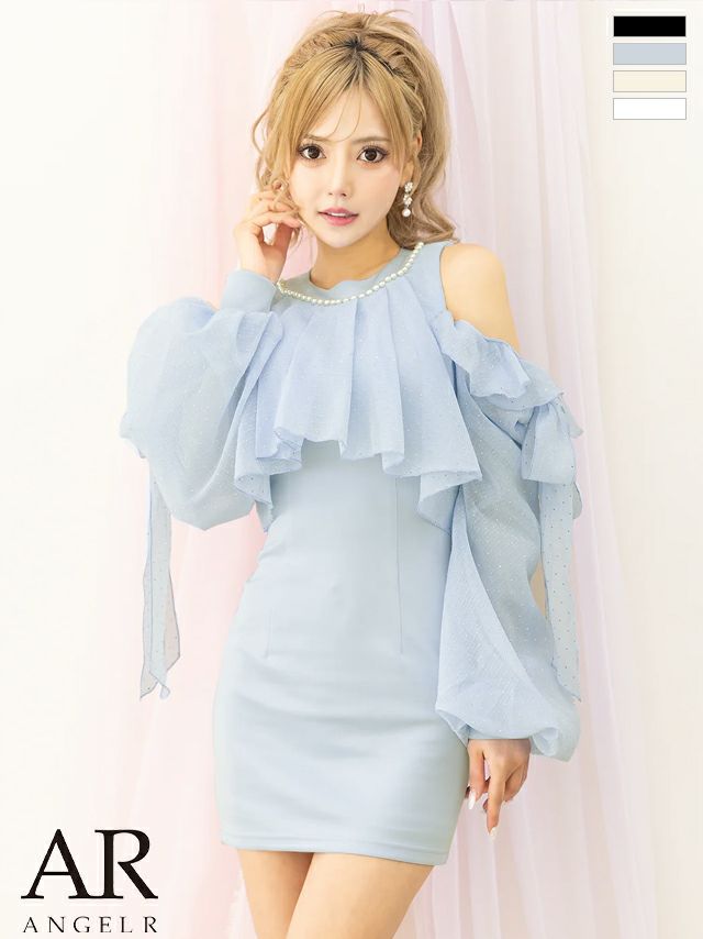 キャバドレス Angel R エンジェルアール 肩あき 長袖 ドット柄 リボン ガーリー パフスリーブ タイトミニドレス 