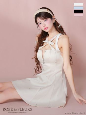 キャバドレス ROBEdeFLEURS ローブドフルール ネックリボン サテン ジップデザイン ガーリー ノースリーブ ビジュー フレアミニドレス 