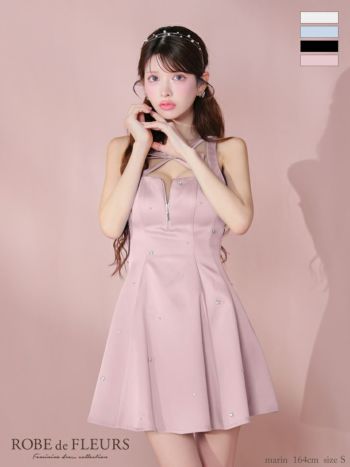 キャバドレス ROBEdeFLEURS ローブドフルール ジップデザイン ネックリボン ビジュー サテン ガーリー ノースリーブ フレアミニドレス
