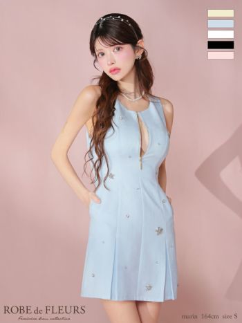 キャバドレス ROBEdeFLEURS ローブドフルール ジップデザイン ノースリーブ ビジュー ポケット ガーリー フレアミニドレス