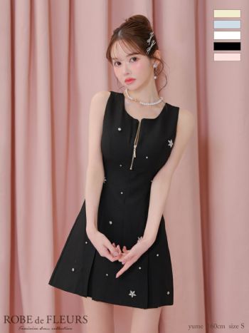 キャバドレス ROBEdeFLEURS ローブドフルール ビジュー ポケット ガーリー ジップデザイン ノースリーブ フレアミニドレス