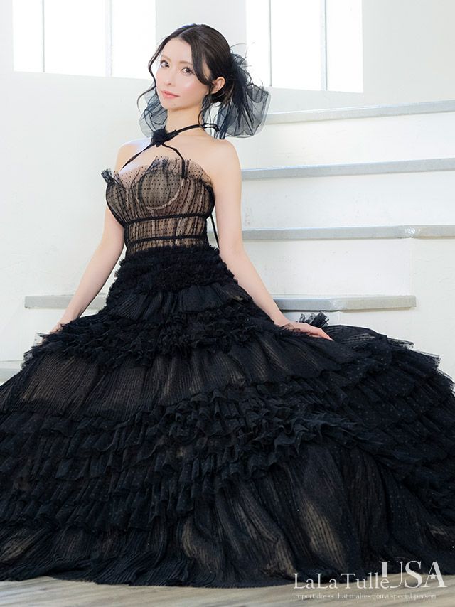 キャバドレス LaLaTulle USA インポート ホルターネック フラワーモチーフ ヌーディー ドット柄 チュール ティアード バースデー Aラインロングドレス