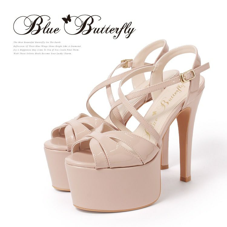 キャバヒール BlueButterfly ブルーバタフライ エナメル クロスストラップ プラットフォーム サンダル