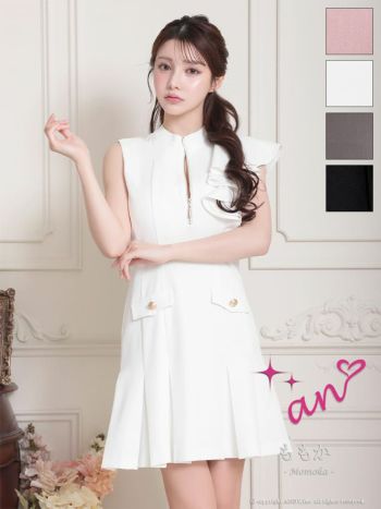 キャバドレス an ガーリー ジップデザイン ノースリーブ ポケット ショルダー フリル プリーツ フレアミニドレス