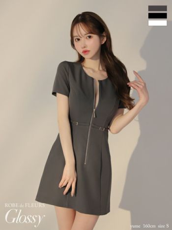 キャバドレス Glossy by ROBE de FLEURS グロッシー セクシー ジップデザイン 半袖 ベルトデザイン バックレース フレアミニドレス