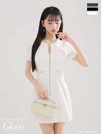 キャバドレス Glossy by ROBE de FLEURS グロッシー 半袖 ベルトデザイン バックレース セクシー ジップデザイン フレアミニドレス