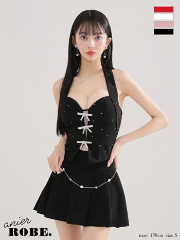 サンタコスプレ anier.ROBE アニエルローブ ファーチョーカー リボン スタッズ オープンバスト ノースリーブ ガーリー セットアップ プリーツ フレアスカート サンタコスドレス  