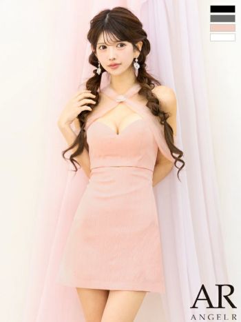 キャバドレス Angel R エンジェルアール クロスネックデザイン 肩あき メッシュ ビジュー ドット柄 セットアップ ガーリー オープンバスト フレアミニドレス