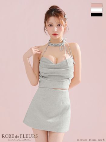 キャバドレス ROBEdeFLEURS ローブドフルール オープンバスト ホルターネック リボン ビジュー ラメニット セットアップ ガーリー タイトミニドレス