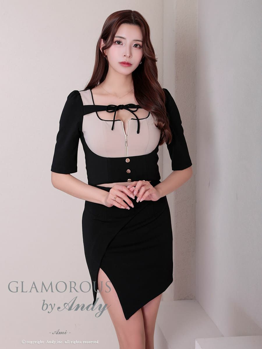 キャバドレス　GLAMOROUS　袖あり リボン ボタン バストカット　セットアップ ジップデザイン スリット タイトミニドレス