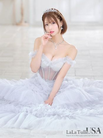 キャバドレス LaLaTulle USA インポート オフショルダー フリル シアー コルセット ビジュー ティアード バースデー Aラインロングドレス
