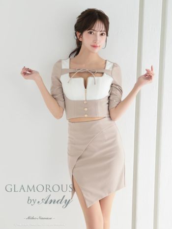 キャバドレス GLAMOROUS リボン 袖あり ボタン バストカット セットアップ ジップデザイン スリット タイトミニドレス