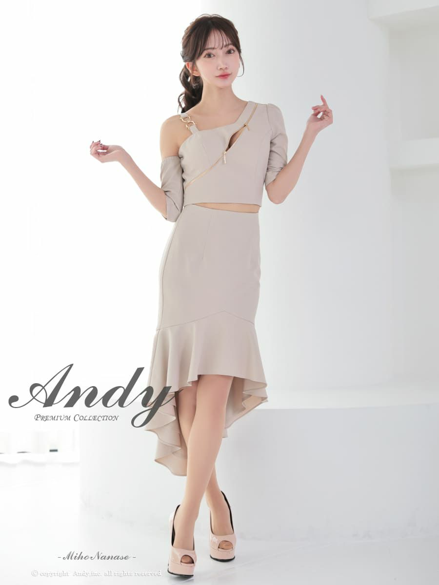 キャバドレス Andy アンディ 袖あり ジップデザイン ワンカラー セットアップ ロングテールドレス