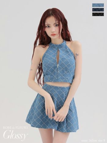 キャバドレス Glossy by ROBE de FLEURS グロッシー ローブドフルール セットアップ デニム ホルターネック ジップデザイン 斜め格子柄 フレアミニドレス