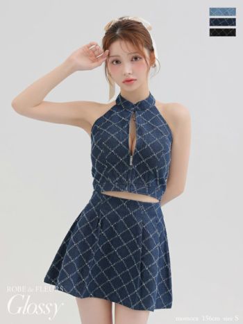 キャバドレス Glossy by ROBE de FLEURS グロッシー ローブドフルール デニム ジップデザイン ホルターネック セットアップ 斜め格子柄 フレアミニドレス 