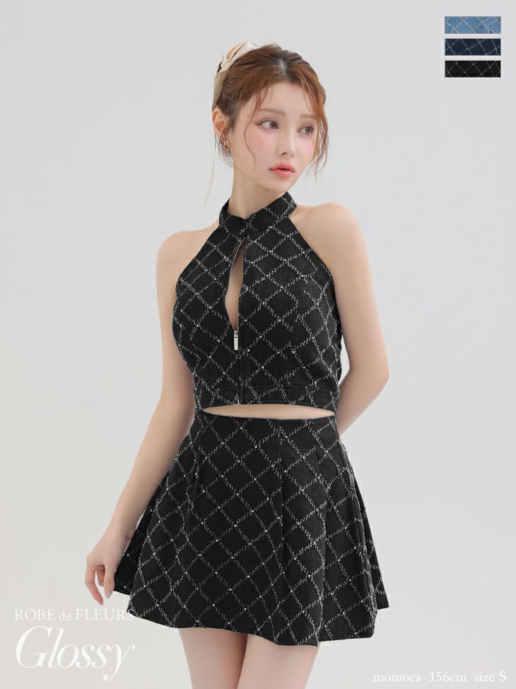 キャバドレス Glossy by ROBE de FLEURS グロッシー ローブドフルール ホルターネック セットアップ 斜め格子柄 デニム ジップデザイン フレアミニドレス 