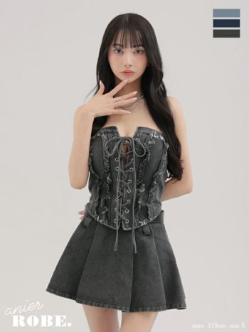 キャバドレス anier.ROBE アニエルローブ デニム レースアップ ベルト セットアップ セクシー ベアトップ フレアミニドレス