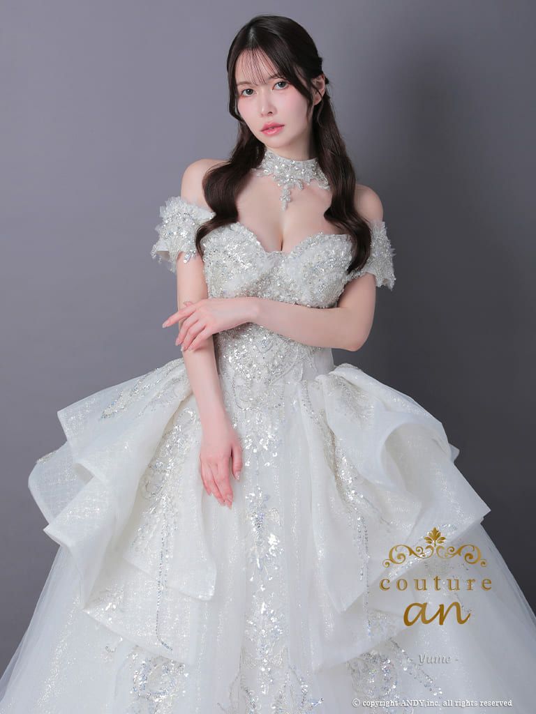 キャバドレス couture an ガーリー オフショルダー ラメ ビーズ チョーカー チュール バースデー Aラインロングドレス(aocwd036)
