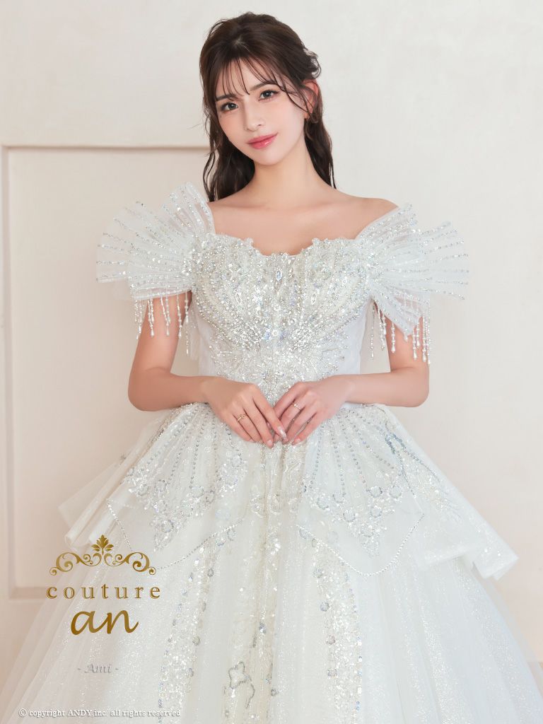キャバドレス couture an ガーリー オフショルダー 半袖 シフォン袖 スパンコール 刺繍 ビジュー レースアップ バースデー Aラインロングドレス