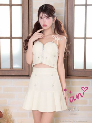 キャバドレス an キャミソール ツイード ジップデザイン セットアップ リボン フラワー ビジュー プリーツ フレアミニドレス