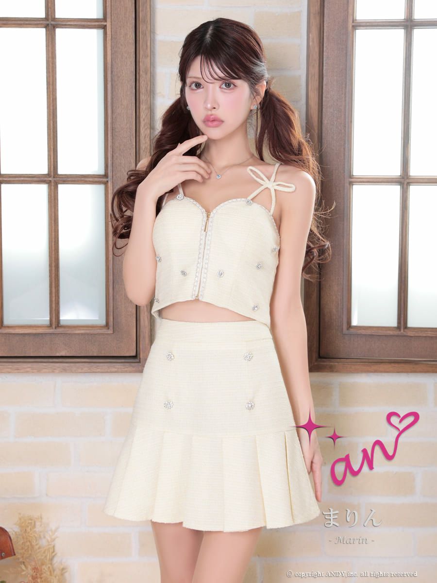 キャバドレス an キャミソール ツイード ジップデザイン セットアップ リボン フラワー ビジュー プリーツ フレアミニドレス