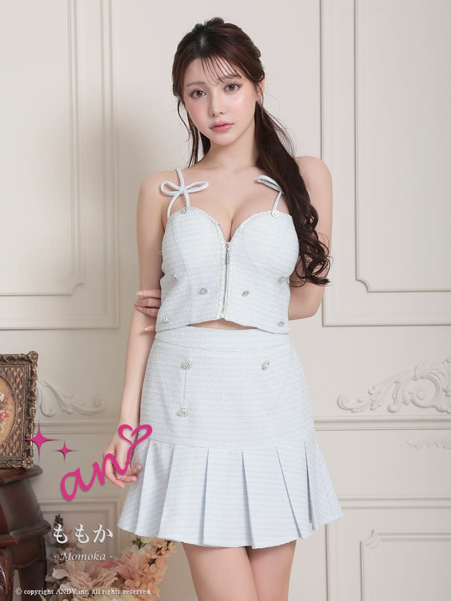 キャバドレス an ツイード キャミソール ジップデザイン セットアップ リボン フラワー ビジュー プリーツ フレアミニドレス