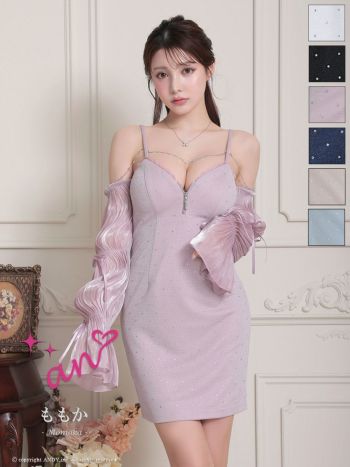 キャバドレス an 長袖 ジップデザイン シアー 肩あき リボン ドット柄 ビジュー チェーン タイトミニドレス