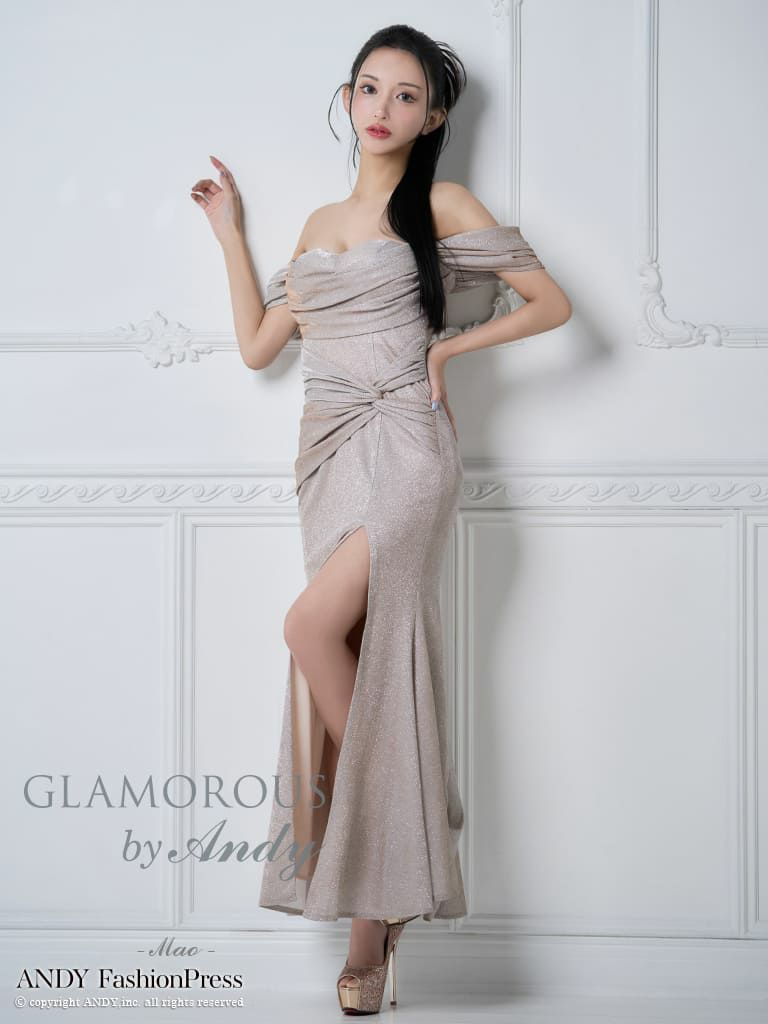 キャバドレス GLAMOROUS オフショルダー 半袖 ラメ スリット クロスデザイン タック ドレープ タイトロングドレス
