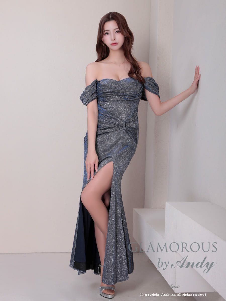 キャバドレス GLAMOROUS 半袖 オフショルダー ラメ スリット クロスデザイン タック ドレープ タイトロングドレス