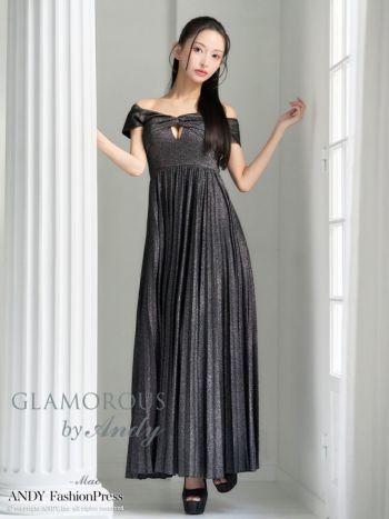 キャバドレス Aラインロングドレス GLAMOROUS グラマラス ワンカラー オフショル ラメ カットアウト プリーツ