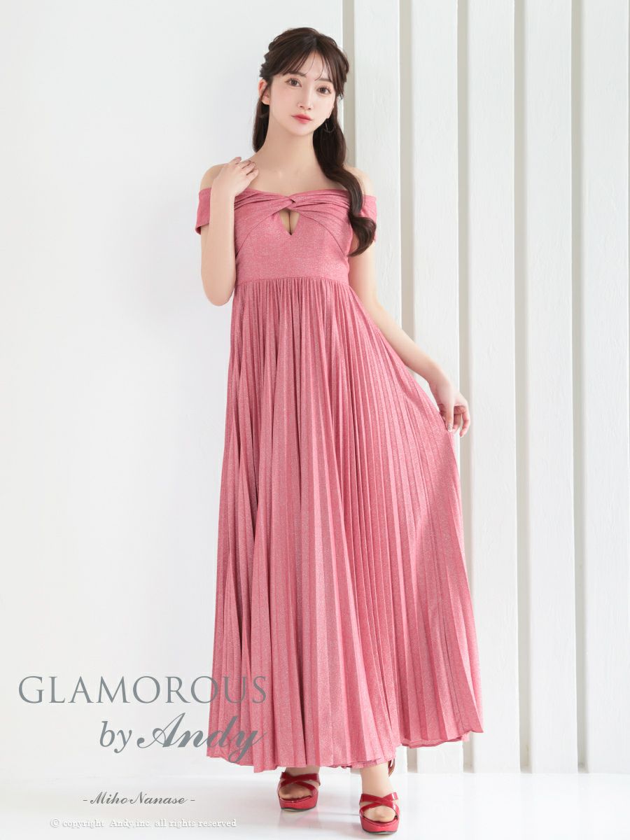 キャバドレス Aラインロングドレス GLAMOROUS グラマラス オフショル ワンカラー ラメ カットアウト プリーツ
