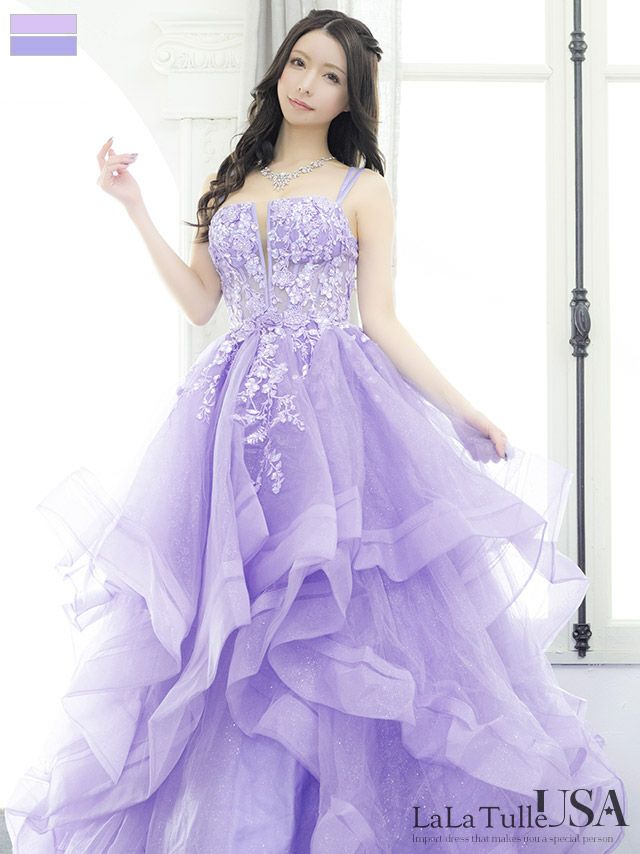 キャバドレス LaLaTulle USA インポート キャミソール フラワー刺繍 シアー チュール レースアップ バースデー オープンバスト Aラインロングドレス