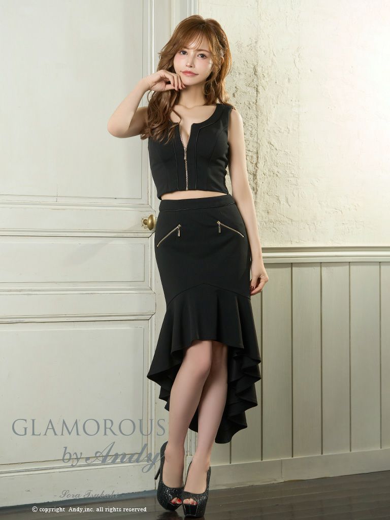 キャバドレス 膝丈ドレス GLAMOROUS グラマラス ワンカラー ジップデザイン ノースリーブ セットアップ テールカット