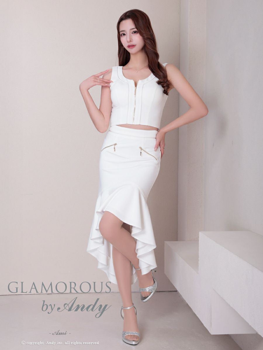 キャバドレス  膝丈ドレス GLAMOROUS グラマラス ジップデザイン ワンカラー ノースリーブ セットアップ テールカット