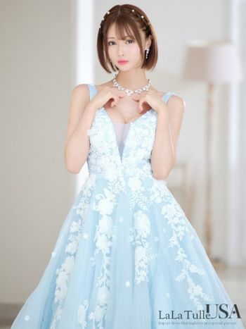 キャバドレス LaLaTulle USA インポート バストシースルー ノースリーブ フラワー刺繍 バックオープン チュール バースデー Aラインロングドレス