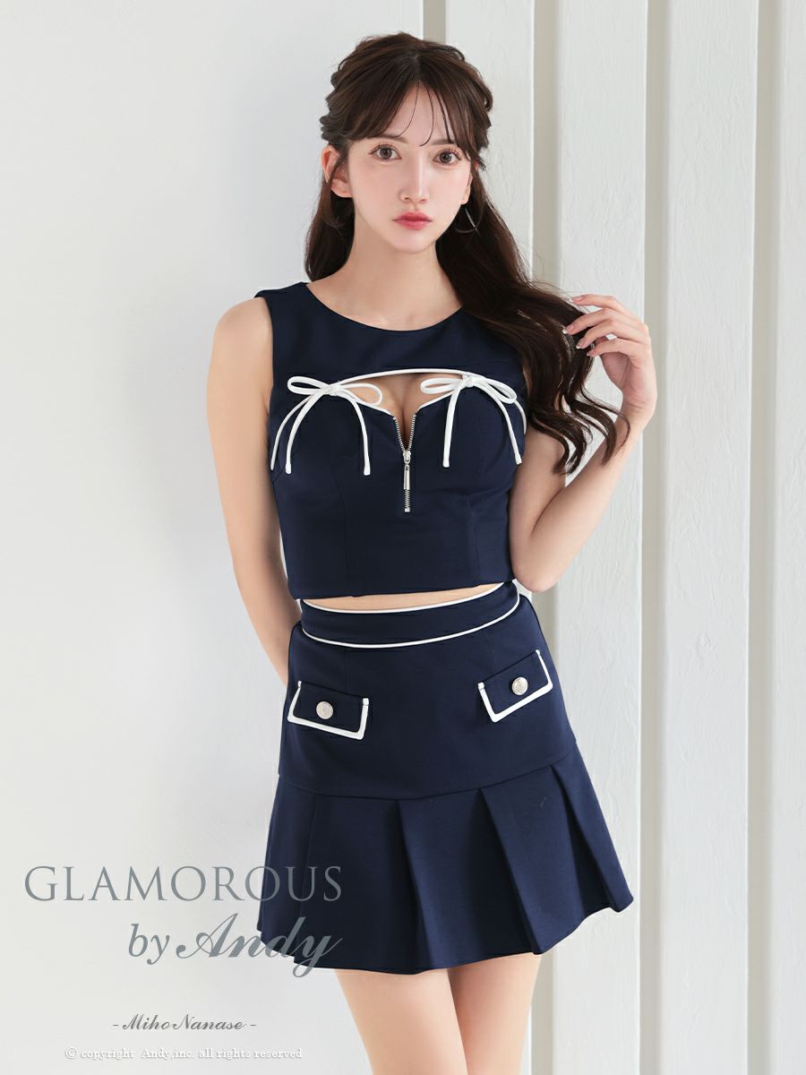 キャバドレス フレアミニドレス GLAMOROUS グラマラス ノースリーブ リボン ジップデザイン セットアップ カットデザイン バイカラー 飾りボタン