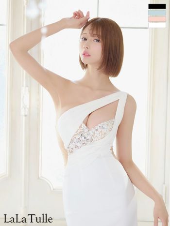 キャバドレス Angel R エンジェルアール ワンショルダー バストカット ビジュー くびれ透け フラワーレース セクシー シフォン タイトミニドレス