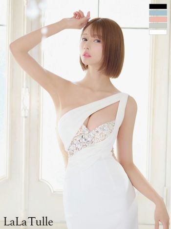 キャバドレス Angel R エンジェルアール ワンショルダー バストカット ビジュー くびれ透け フラワーレース セクシー シフォン タイトミニドレス