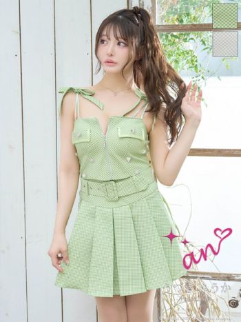 キャバドレス フレアミニドレス an アン リボン ハートボタン ビジュー キャミソール ジップデザイン セットアップ ベルト 飾りポケット