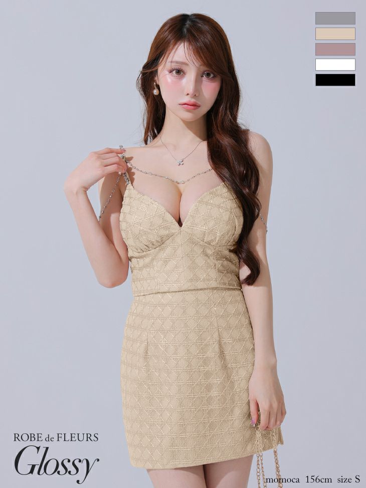 キャバドレス Glossy ROBE de FLEURS グロッシー ローブドフルール ラメツイル セクシー キャミソール ゴールドチェーン セットアップ タイトミニドレス