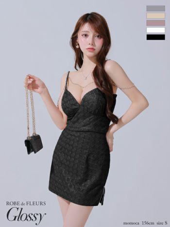 キャバドレス Glossy ROBE de FLEURS グロッシー ローブドフルール ゴールドチェーン セクシー セットアップ ラメツイル キャミソール タイトミニドレス