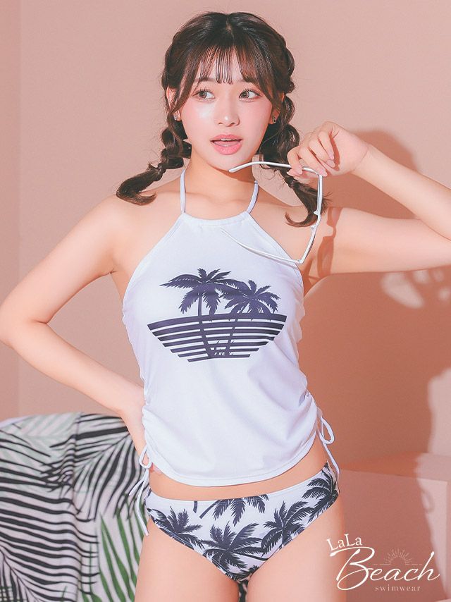 水着 アメリカンスリーブ ビスチェ ヤシの木 モノトーン タンキニ 体型カバー ギャル ビキニ