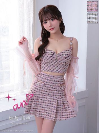 キャバドレス フレアミニドレス an アン リボン ハートボタン ツイード キャミソール ジップデザイン チュールスリーブ セットアップ 飾りボタン