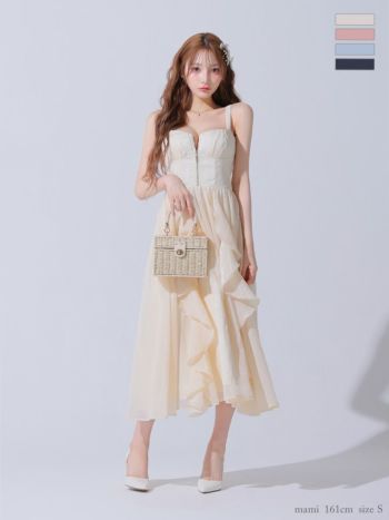 キャバドレス DEA.by ROBE de FLEURS ディア エレガント ノースリーブ オープンバスト ジップデザイン サテン フリル Aラインロングドレス