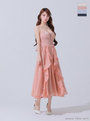 キャバドレス DEA.by ROBE de FLEURS ディア ノースリーブ オープンバスト ジップデザイン サテン フリル エレガント Aラインロングドレス